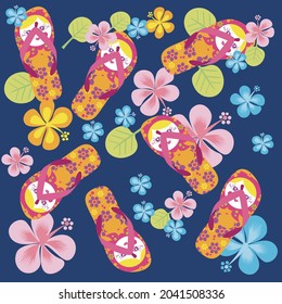 Hawaiian flowers and sandals with spring colors and background