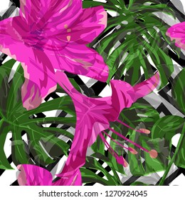 Hawaiian Flowers.  Seamless Illustration. Summer Design for Swimwear. Exotic Palm Greenery Backdrop. Hawaiian Flowers and Leaves.