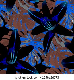 Hawaiian Flowers. Seamless Pattern with Brasilian Rainforest. Retro Texture with Exotic Leaves and Flowers for, Curtain, Shirt, Swimwear. Vector Seamless Pattern with Hawaiian Flowers