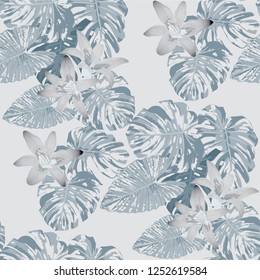 Hawaiian Flowers. Seamless Pattern with Indian Jungle. Modern Colorful Texture with Tropical Leaves and Flowers for Dress, Curtain, Paper. Vector Seamless Background.
