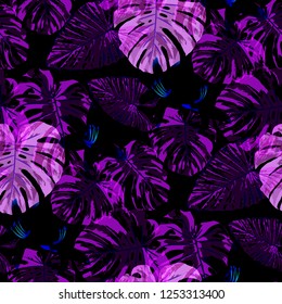 Hawaiian Flowers. Seamless Pattern with Indonesian Jungle. Retro Colorful Texture with Tropical Leaves and Flowers for Wallpaper, Print, Textile. Vector Seamless Background.