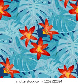 Hawaiian Flowers. Seamless Pattern with Indonesian Rainforest. Retro Texture with Exotic Leaves and Flowers for, Wallpaper, Fabric, Tablecloth. Vector Seamless Pattern with Hawaiian Flowers