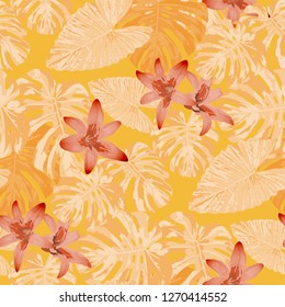 Hawaiian Flowers. Seamless Pattern with Indonesian Rainforest. Retro Texture with Exotic Leaves and Flowers for, Fabric, Curtain, Paper. Vector Seamless Pattern with Hawaiian Flowers