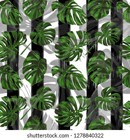 Hawaiian Flowers.  Summer Design for Swimwear. Repeat Illustration. Exotic Palm Greenery Backdrop. Hawaiian Flowers and Leaves.