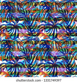 Hawaiian Flowers.  Summer Design for Swimwear. Repeating Illustration. Exotic Palm Greenery Backdrop. Hawaiian Flowers and Leaves.
