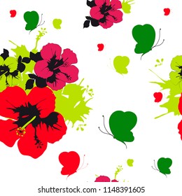 Hawaiian flowers,butterflies, watercolor, exotic plants, isolated on a white