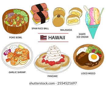 Hawaiian food line drawing illustration set