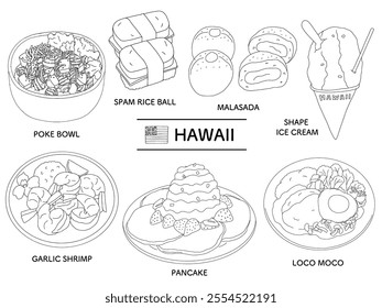 Hawaiian food line drawing illustration set