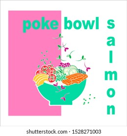 Hawaiian food salmon poke bowls with seaweed, mango slices, sesame seeds, tomatoes, cucumbers, rice, edamame beans, beetroot cubes,  green onions and sprouts flat style vector illustration