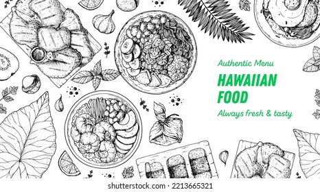 Ilustración vectorial de la parte superior de la comida hawaiana. Plantilla de diseño de menú de comida. Esbozo dibujado a mano. Menú de comida hawaiana. Estilo vintage. Huli Chicken, Poke Bowl, Loco Moco, Spam Musubi, Lau Lau