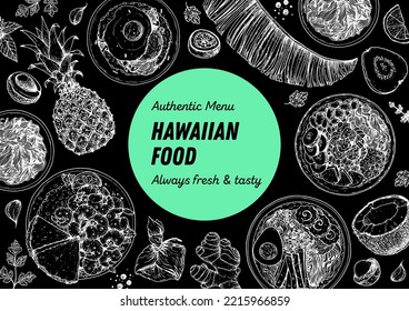 Hawaiian food top view vector illustration. Food menu design template. Hand drawn sketch. Hawaiian food menu. Vintage style. Loco Moco, Kalua Pork, Garlic Shrimp, Saimin Noodle Soup, Poke Bowl.