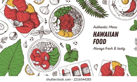 Ilustración vectorial de la parte superior de la comida hawaiana. Plantilla de diseño de menú de comida. Esbozo dibujado a mano. Menú de comida hawaiana. Estilo vintage. Huli Chicken, Poke Bowl, Loco Moco, Spam Musubi, Lau Lau