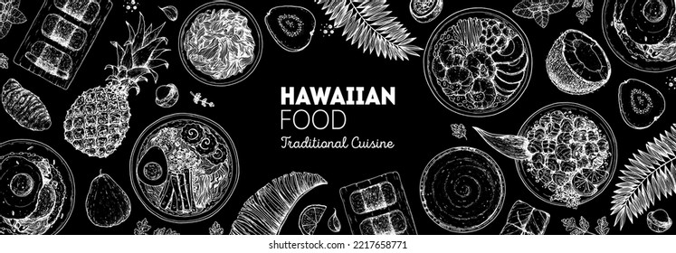 Hawaiian food top view vector illustration. Food menu design template. Hand drawn sketch. Hawaiian food menu. Vintage style. Loco Moco, Spam Musubi, Saimin Noodle Soup, Lomi Salmon, Poke Bowl, Poi.