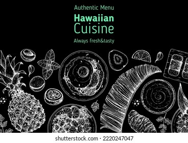 Hawaiian food top view vector illustration. Food menu design template. Hand drawn sketch. Hawaiian food menu. Vintage style. Loco Moco, Lomi Salmon, Spam Musubi, Poi.