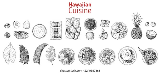 Hawaiian food top view vector illustration. Food menu design template. Hand drawn sketch collection. Hawaiian food menu set. Vintage style. 