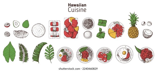 Hawaiian food top view vector illustration. Food menu design template. Hand drawn sketch collection. Hawaiian food menu set. Vintage style.