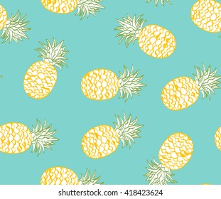 Hawaiian fruit pattern. Pineapple vector background. Blue and yellow summer abstract.