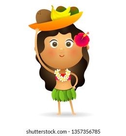 Hawaiian girl carrying fruits. Cheerful young Hawaiian woman holding bowl with banana, mango and coconut. Can be used for topics like food, summer, vacation