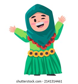 Hawaiian girl children wearing hawai hula traditional costume greetings welcoming festival with smile happy hijab veil islam