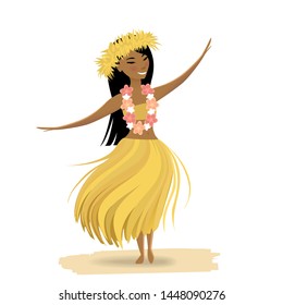 Hawaiian girl dancing hula isolated on white background. Cute polynesian dancer in costume, yellow grass skirt, hair wreath, hawaiian lei.
