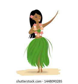 Hawaiian girl dancing hula isolated on white background. Cute polynesian dancer in costume, grass skirt, flower in hair, hawaiian lei.