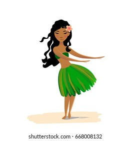 Hawaiian girl dancing hula isolated on white background. Cute polynesian dancer in costume and flower in hair.