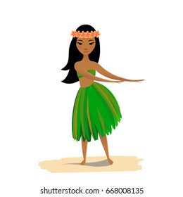 Hawaiian girl dancing hula isolated on white background. Cute polynesian dancer in costume and flower hair wreath.