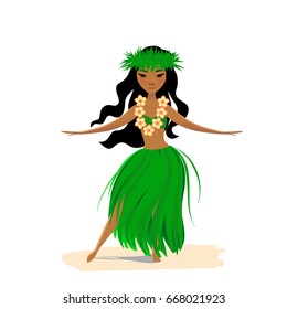 Hawaiian girl dancing hula isolated on white background. Cute polynesian dancer in costume with lei and hair wreath.