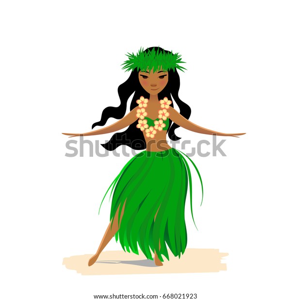 Hawaiian girl\
dancing hula isolated on white background. Cute polynesian dancer\
in costume with lei and hair\
wreath.
