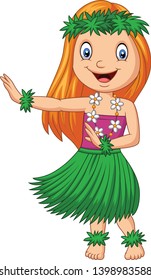 Hawaiian girl dancing hula on white background