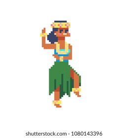 Hawaiianisches Mädchen tanzt hula Pixel Art Charakter. Polynesischer Tänzer in Kostüm mit Lei- und Haartrockner, einzelne Vektorgrafik auf weißem Hintergrund. Design für Aufkleber, Logo, mobile App. 8-Bit.