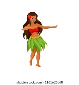 Hawaiian girl in grass skirt dancing and hibiscus flower in her hair vector Illustration on a white background