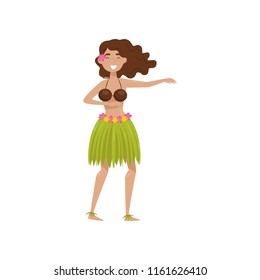 Hawaiian girl in grass skirt dancing vector Illustration on a white background