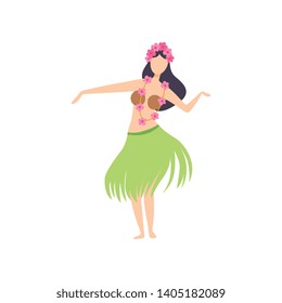 Hawaiian Girl in Grass Skirt Dancing, Young Woman in Bright Festival Costume, Masquerade Ball, Carnival Party Design Element Vector Illustration