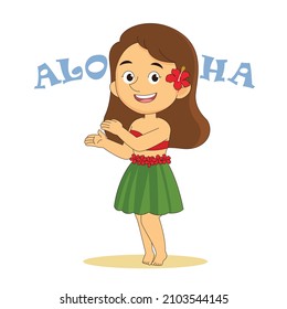 Hawaiian girl in grass skirt dancing and hibiscus
