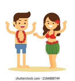 Hawaiian Girl In Grass Skirt Dancing And Man