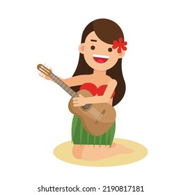 Hawaiian Girl In Grass Skirt Dancing And Hibiscus