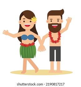 Hawaiian Girl In Grass Skirt Dancing And Man