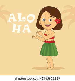 Hawaiian girl in grass skirt dancing and hibiscus