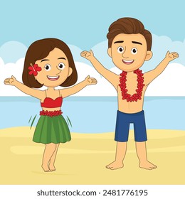 Hawaiian girl in grass skirt dancing and Man