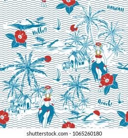 Hawaiian girl island. seamless pattern on wave background. Tropical  vector in hand drawn with hibiscus Flowers and palm tree at the beach and ocean on white.