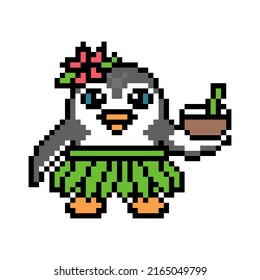 Hawaiian girl penguin wearing leaf skirt and hibiscus flower hairpin drinking coconut cocktail, pixel art bird character on white. Beach party mascot. Retro 8 bit video game graphics. Polynesian girl.