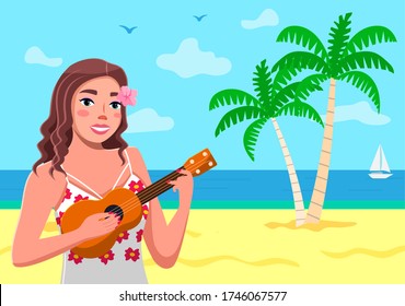 A Hawaiian girl plays an ukulele. Sea background, sand, palm trees, seagulls, sky. Tropical flowers. Traveling and tourism. Hot country, welcome to Hawaii. Hawaiian songs and dances. Flat image