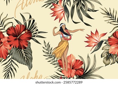 Hawaiian girl, red hibiscus flower, tropical palm leaves seamless pattern yellow background. Aloha wallpaper.