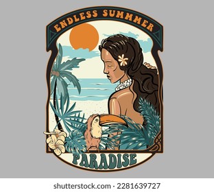 hawaiian girl in tropical beach vector illustration, tropical summer beach print design, tropical bird, flower, leaf vector, summer print design for women