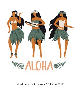 Hawaiian girls are dancing hula and playing ukulele. Aloha text. Cute card print or poster for Hawaiian holidays. Vector illustration. Funny character, flat cartoon style summer design with lettering