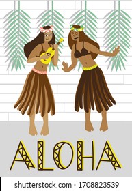 Hawaiian girls dancing hula with ukulele. Palm leaves on background. 