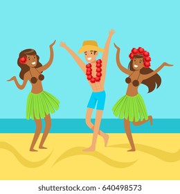 Hawaiian girls and happy man dancing on on a tropical beach