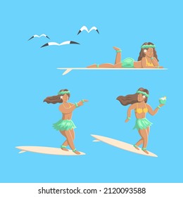 HAWAIIAN GIRLS ON SURFING BOARD. PREMIUM VECTOR.