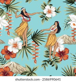 Hawaiian girls, red, white hibiscus flower, palm leaves, mountain seamless pattern blue background. Tropical wallpaper.